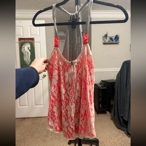 Coral and Gray Lace Tank Top